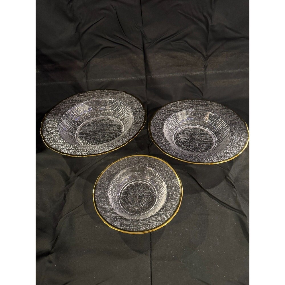 Set of 3 Glass Bowls with Tree Bark Texture and Gold Rim